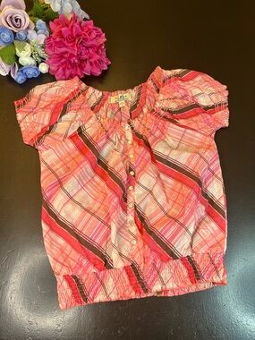 L.E.I Vintage 2000s Y2k Pink Plaid Faux Pearl Snap Peasant Milk Maid Blouse Sz S